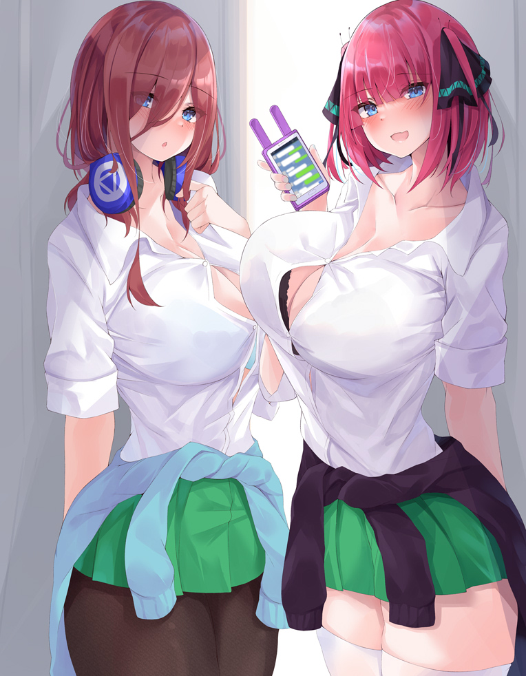2girls, black_bra, black_legwear, blue_bra, blue_eyes, blush, bra, bra_visible_through_clothes