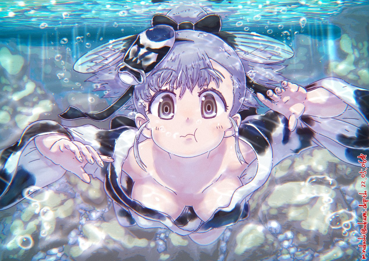 1girl, :t, air_bubble, bangs, bow, breasts, brown_eyes, bubble, caustics, closed_mouth, collarbone, dated, downblouse, eyebrows_visible_through_hair, fingernails, freediving, grey_eyes, grey_hair, hair_bow, holding_breath, japanese_clothes, jinmen-gyo_(kemono_friends), kemono_friends, kimono, light_rays, long_hair, long_sleeves, looking_at_viewer, mask, mask_on_head, medium_breasts, multicolored_eyes, nakashi_masakumi, ringed_eyes, solo, submerged, swimming, twitter_username, underwater, water, wide_sleeves
