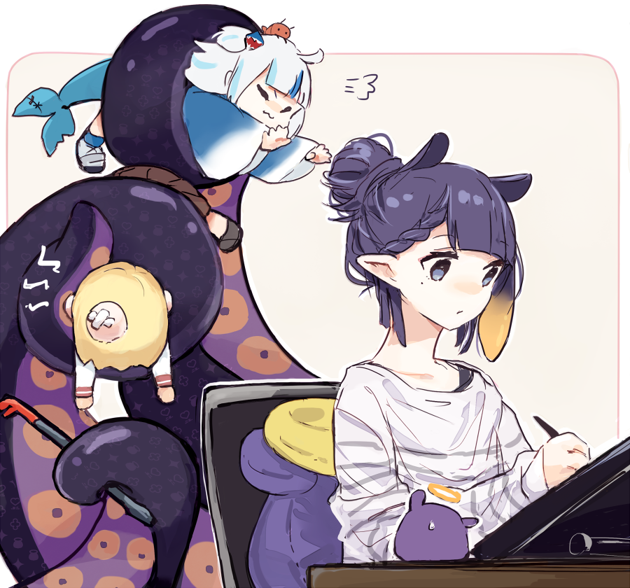 3girls, =3, bangs, blonde_hair, blue_hair, blunt_bangs, braid, closed_mouth