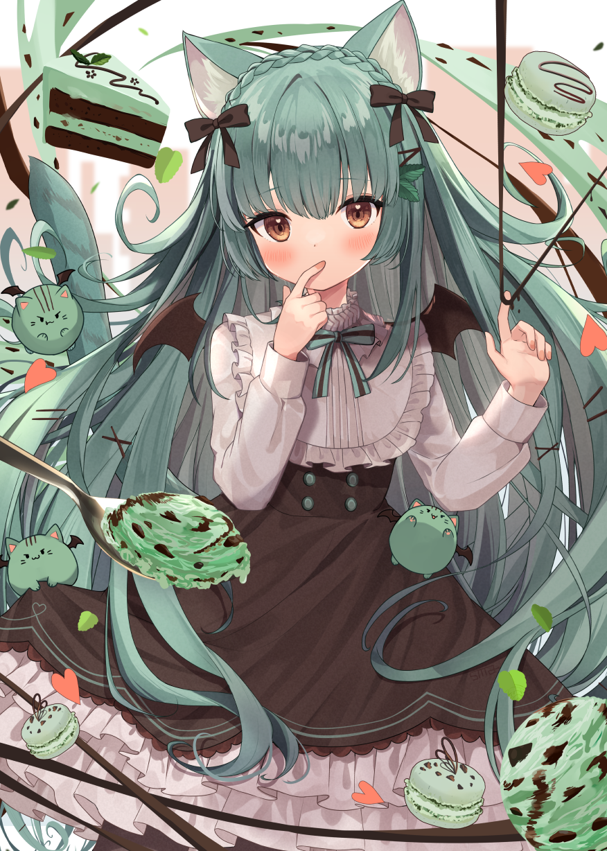1girl, animal_ears, bangs, bat_wings, black_bow, black_dress, bow, brown_eyes