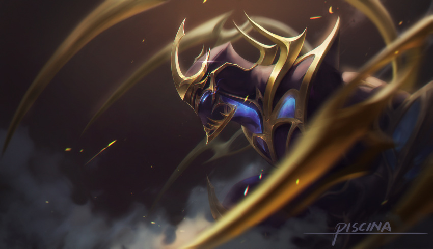1boy, absurdres, armor, artist_name, blue_eyes, brown_background, from_side, galaxy_slayer_zed