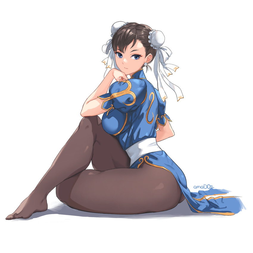 1girl, amados, ass, black_legwear, blue_eyes, breasts, brown_hair, china_dress, chinese_clothes, chun-li, crossed_legs, curvy, double_bun, dress, feet, head_rest, highres, pantyhose, sitting, solo, street_fighter, thick_thighs, thighs, toes