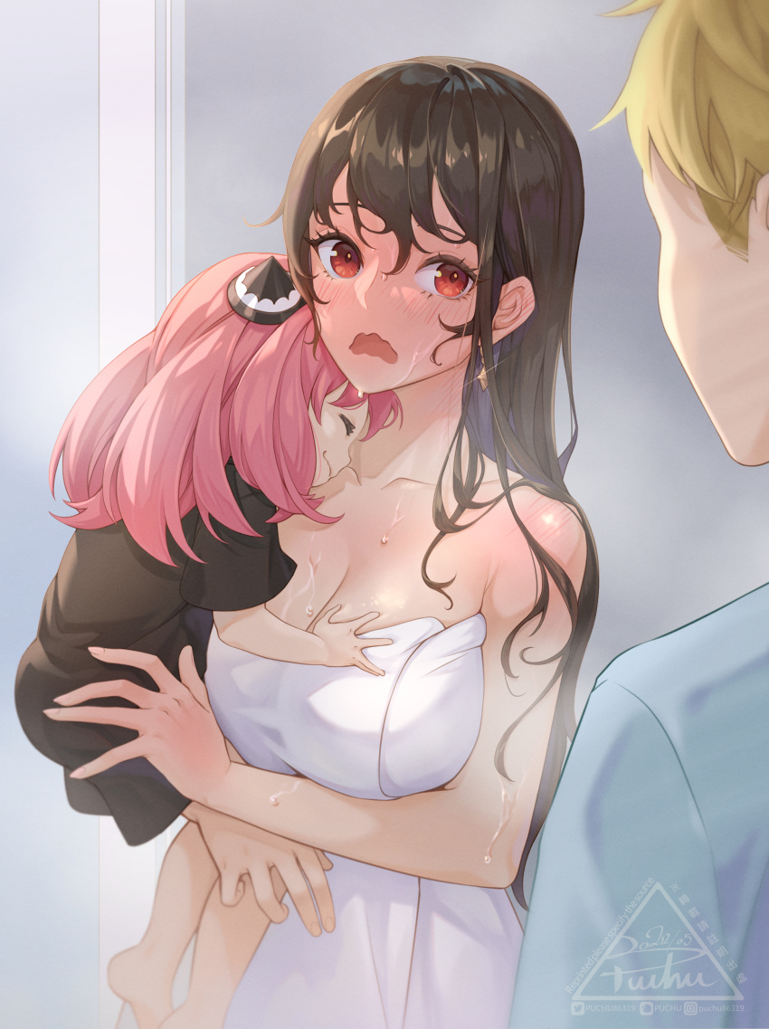 1boy, 2girls, absurdres, after_bathing, anya_(spy_x_family), arm_under_breasts, artist_logo, bare_shoulders
