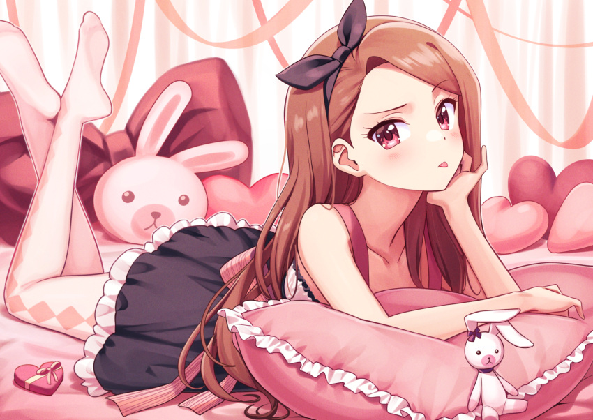 1girl, :p, asymmetrical_bangs, bangs, black_hairband, blush, box, brown_hair