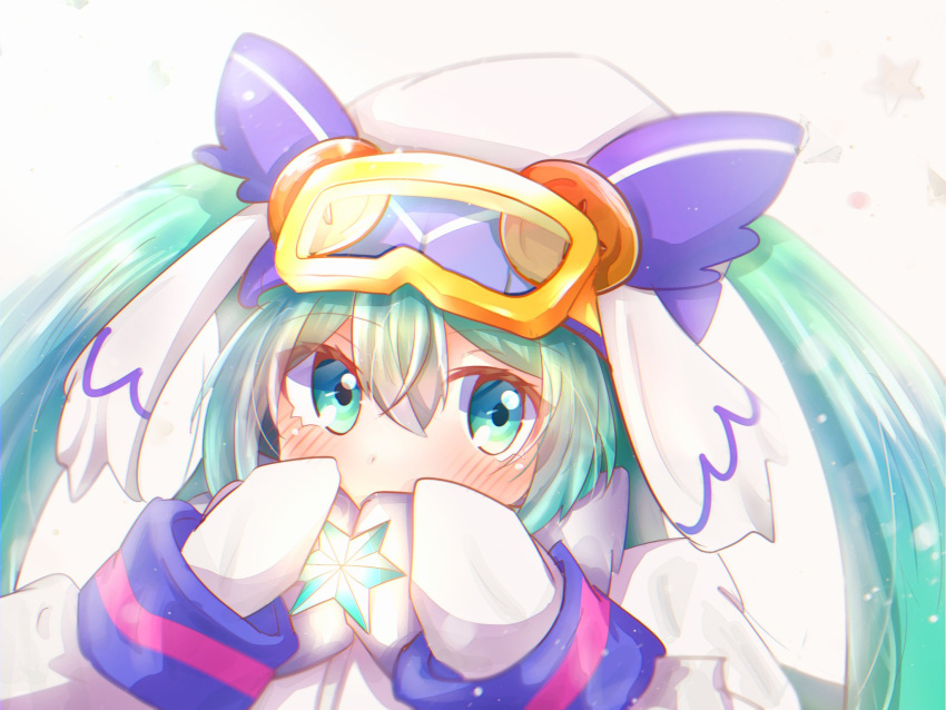 1girl, aqua_eyes, aqua_hair, blush, button_eyes, coat, covered_mouth, hatsune_miku, highres, long_hair, mittens, myon_x, owl_hat, portrait, sideways_glance, ski_goggles, solo, star_ornament, twintails, vocaloid, white_coat, white_mittens, yuki_miku, yuki_miku_(2016)