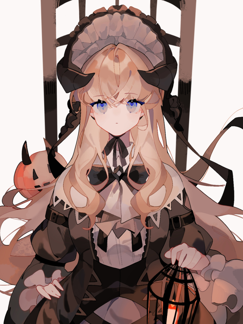 1girl, arknights, black_dress, black_headwear, black_ribbon, blue_eyes, cage, candle