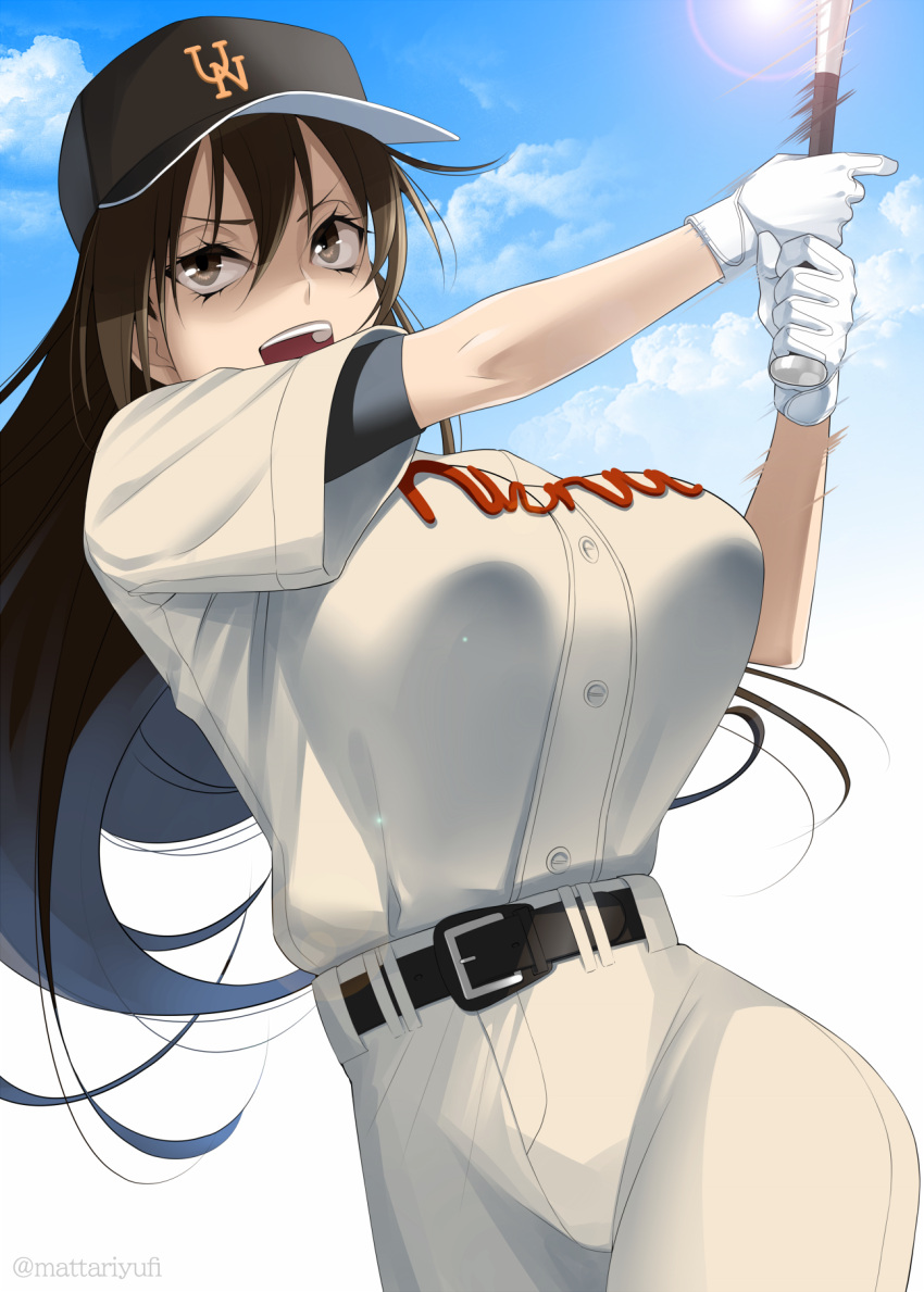 1girl, baseball_bat, baseball_cap, baseball_uniform, belt, blue_sky, breasts, brown_eyes