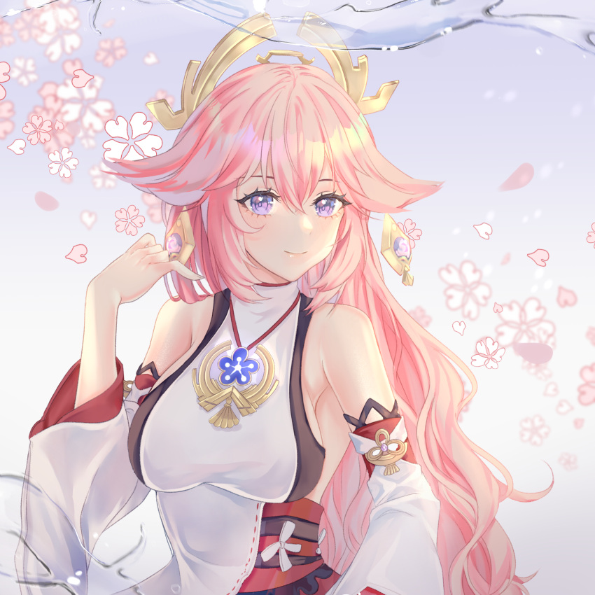 1girl, absurdres, bangs, bare_shoulders, breasts, cherry_blossoms, detached_sleeves, dress
