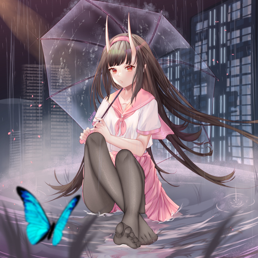 1girl, absurdres, bangs, black_legwear, blue_butterfly, blunt_bangs, brown_hair, bug