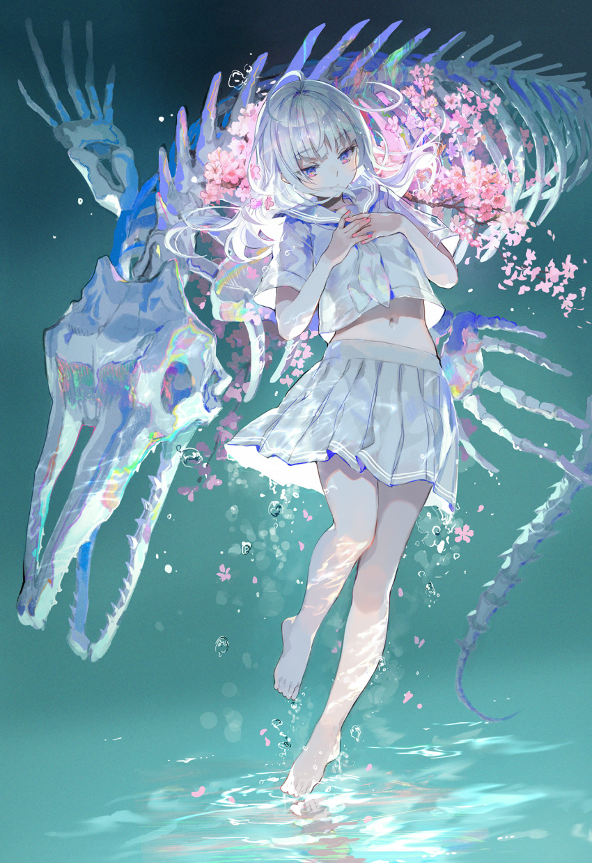 1girl, ahoge, aqua_background, backlighting, bangs, barefoot, blue_eyes, blush