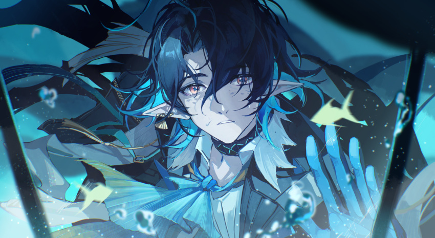 1boy, arknights, bangs, bishounen, black_hair, blue_gloves, bubble, ear_piercing, fish, fish_boy, glass, gloves, highres, infection_monitor_(arknights), lumen_(arknights), male_focus, neckerchief, piercing, pointy_ears, red_eyes, shieryue164, short_hair, solo, underwater, upper_body, water, water_drop