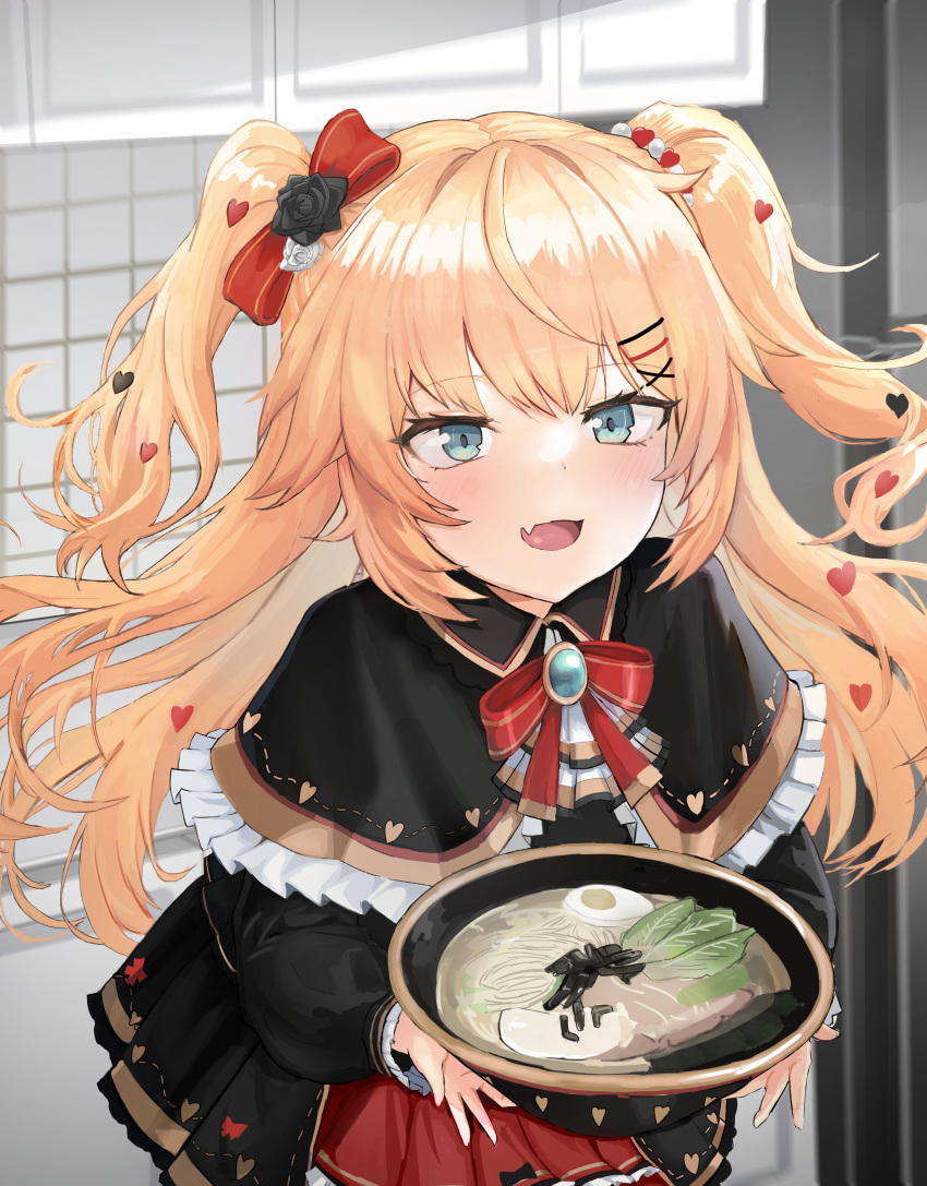 1girl, absurdres, akai_haato, black_dress, blonde_hair, blue_eyes, blush, bowl