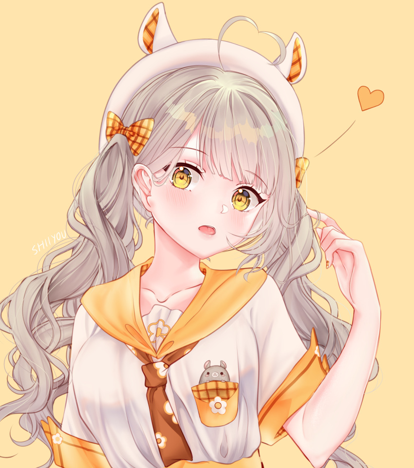 1girl, absurdres, ahoge, blush, bow, braid, breasts, brown_neckerchief