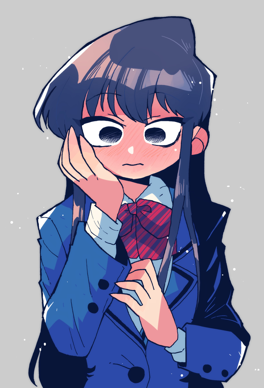 1girl, absurdres, bangs, black_eyes, black_hair, blazer, blue_bow, blue_bowtie