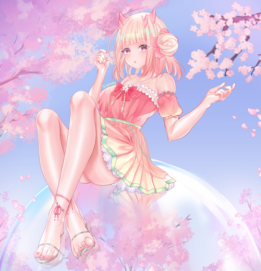 1girl, absurdres, bangs, bare_shoulders, blunt_bangs, bow, bubble, cherry_blossoms