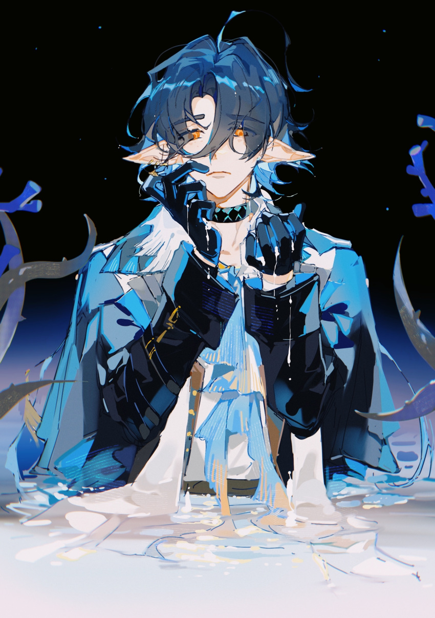 1boy, absurdres, arknights, bishounen, black_gloves, blue_neckerchief, cowboy_shot, eyebrows_visible_through_hair, eyes_visible_through_hair, fish_boy, formal, gloves, highres, humi_humi, infection_monitor_(arknights), lumen_(arknights), male_focus, neckerchief, orange_eyes, pointy_ears, shirt, solo, suit, tentacles, water, white_shirt