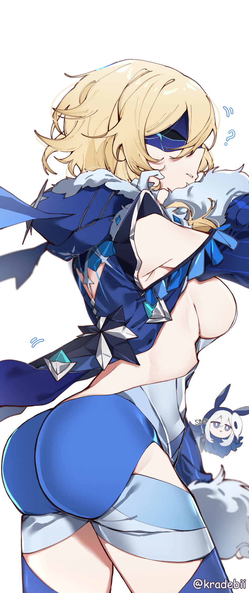 2girls, ?, absurdres, abyss_mage_(genshin_impact), abyss_mage_(genshin_impact)_(cosplay), animal_ears, ass, blonde_hair, blue_eyes, breasts, cicin_mage_(genshin_impact), cosplay, cowboy_shot, cryo_cicin_mage_(genshin_impact), cryo_cicin_mage_(genshin_impact)_(cosplay), eye_mask, fur-trimmed_hood, fur-trimmed_sleeves, fur_trim, genshin_impact, hair_between_eyes, highres, hood, hood_down, kradebii, large_breasts, leotard, long_sleeves, lumine_(genshin_impact), mask, multiple_girls, open_mouth, paimon_(genshin_impact), parted_lips, sideboob, simple_background, solo_focus, white_background, wide_sleeves
