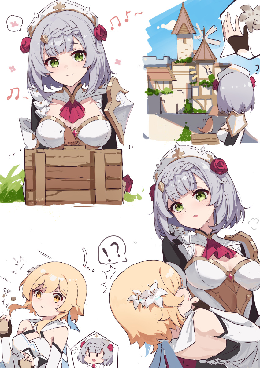 !?, 2girls, absurdres, armor, ascot, blonde_hair, blush, braid