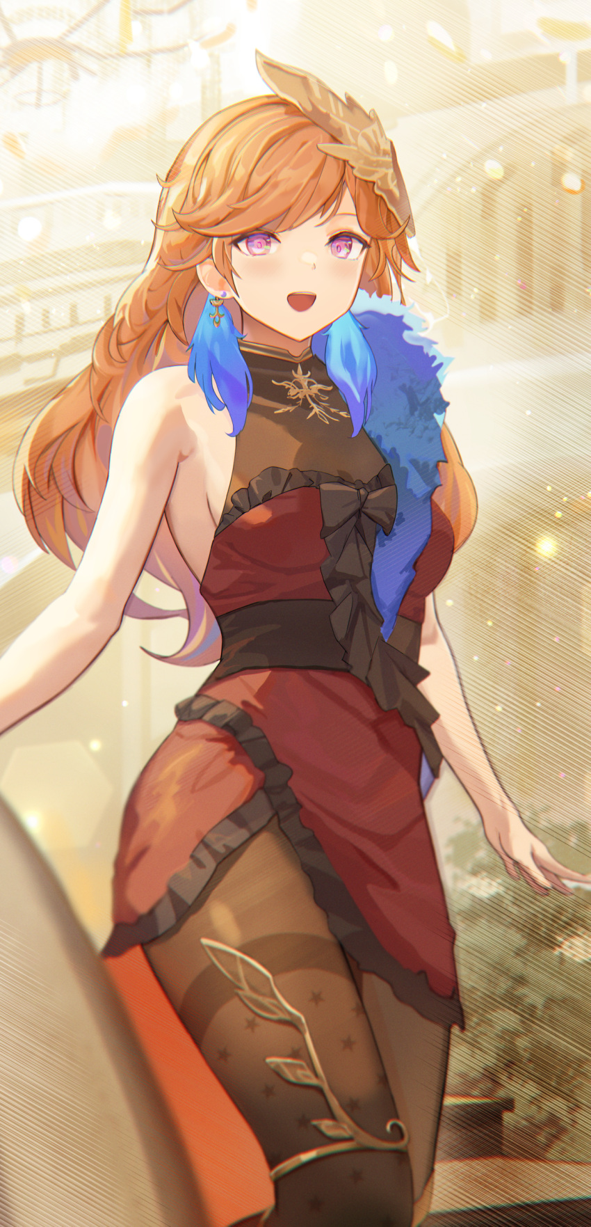 1girl, absurdres, bare_shoulders, breasts, dolphenry, dress, earrings, feather_hair