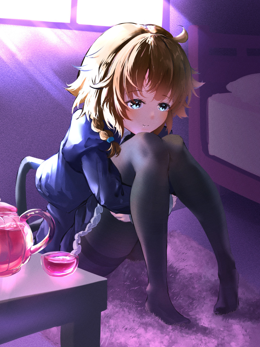 1girl, absurdres, ahoge, assault_lily, backlighting, bangs, bed, black_legwear, black_skirt, blue_eyes, braid, brown_hair, carpet, closed_mouth, commentary_request, cup, eyebrows_visible_through_hair, frilled_skirt, frills, full_body, futagawa_fumi, glass_teapot, hair_over_shoulder, head_on_knee, head_rest, high-waist_skirt, highres, hugging_own_legs, indoors, juliet_sleeves, knees_to_chest, knees_together_feet_apart, knees_up, light_brown_hair, long_sleeves, looking_away, medium_hair, miniskirt, mitama_mochi, no_shoes, on_floor, pantyhose, pigeon-toed, puffy_sleeves, school_uniform, shiny, shiny_hair, single_braid, sitting, skirt, smile, solo, teapot, thighband_pantyhose, window, yurigaoka_girls_academy_school_uniform