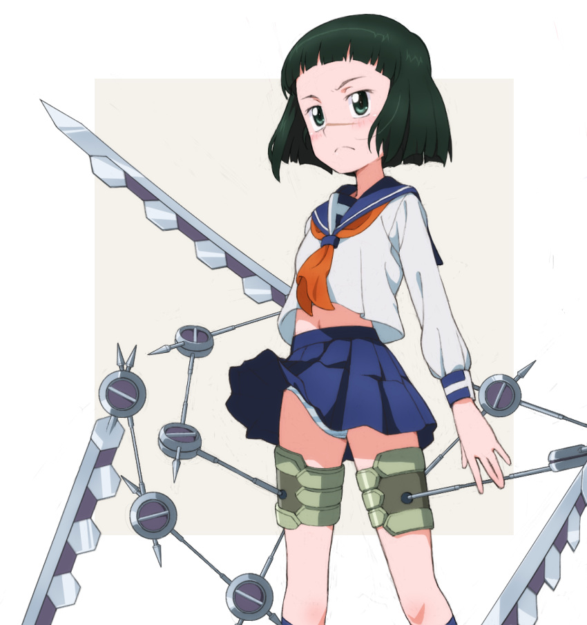 1girl, blue_skirt, blush, breasts, busou_renkin, closed_mouth, dress, girls_und_panzer, green_eyes, green_hair, kayabakoro, midriff, miniskirt, navel, nishihara_yasoko, panties, pleated_skirt, sailor_dress, scar, scar_on_face, school_uniform, shiny, shiny_hair, shiny_skin, short_hair, skirt, small_breasts, solo, striped, striped_panties, tsumura_tokiko, underwear, weapon