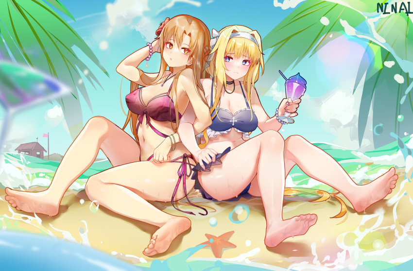 2girls, absurdres, alice_zuberg, asuna_(sao), bare_arms, bare_legs, bare_shoulders, barefoot