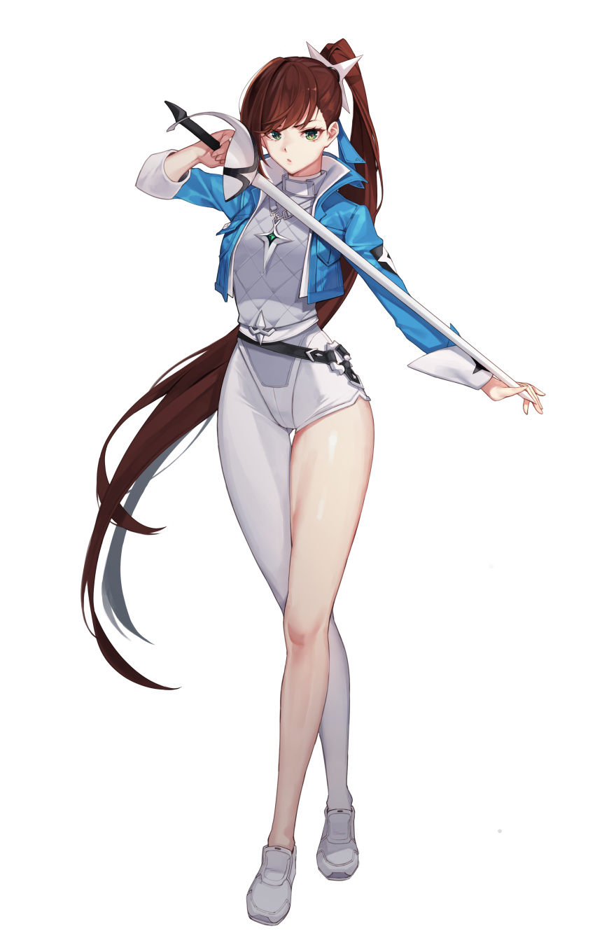 1girl, absurdres, asymmetrical_clothes, black_survival, blue_jacket, breasts, brown_hair, chukibabo2
