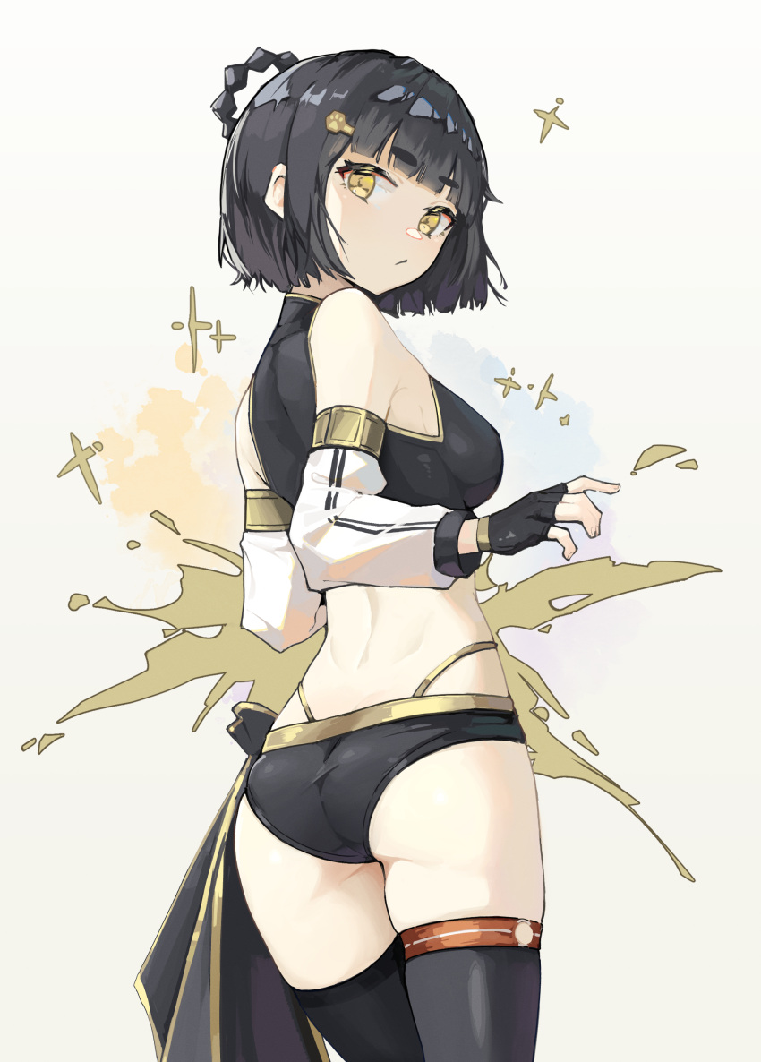 1girl, absurdres, ass, bangs, bare_shoulders, black_hair, black_legwear, blunt_bangs