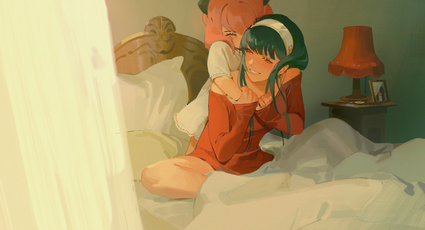 2girls, anya_(spy_x_family), arm_grab, bare_shoulders, bed, bedroom, black_hair, chibi