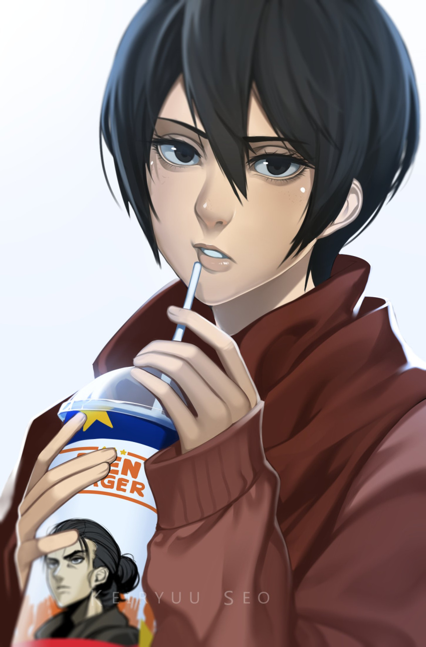 1boy, 1girl, 7-eleven, artist_name, black_eyes, black_hair, character_name, cup