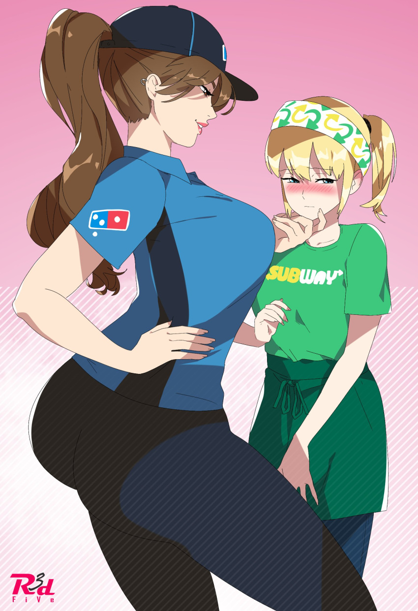 2girls, blonde_hair, brown_hair, collared_shirt, domino's_pizza, employee_uniform, grabbing_another's_chin, hairband
