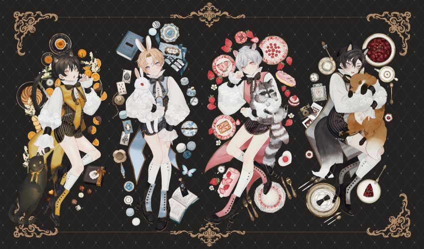 4boys, :o, animal, animal_ear_fluff, animal_ears, animal_hug, ankle_boots, arm_at_side