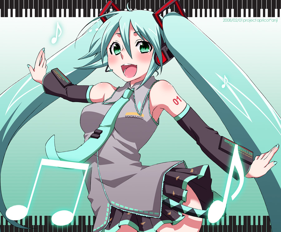 blush, hatsune_miku, kurootoko, long_hair, musical_note, open_mouth, solo, twintails