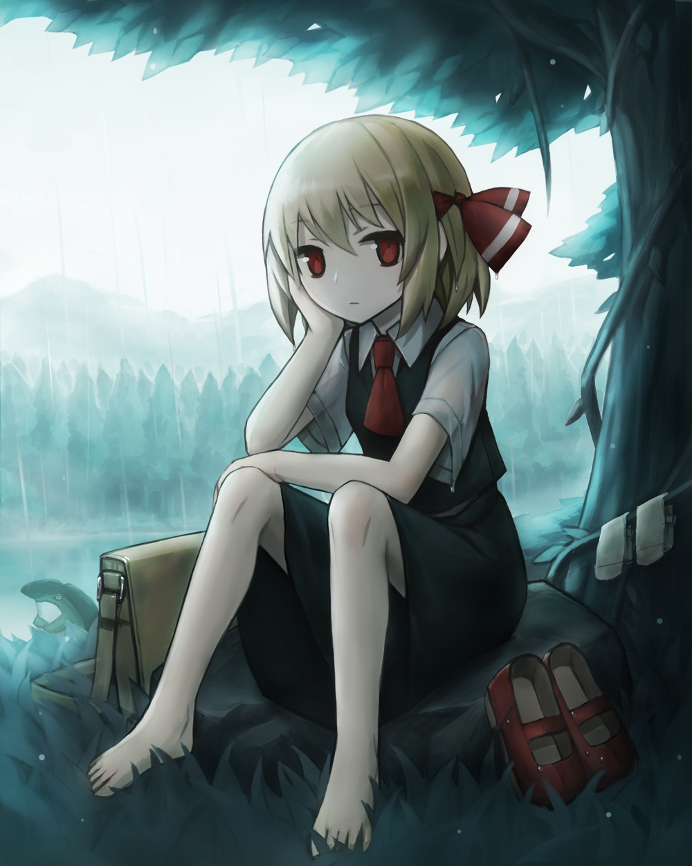 1girl, :|, ascot, barefoot, blonde_hair, closed_mouth, collared_shirt, commentary