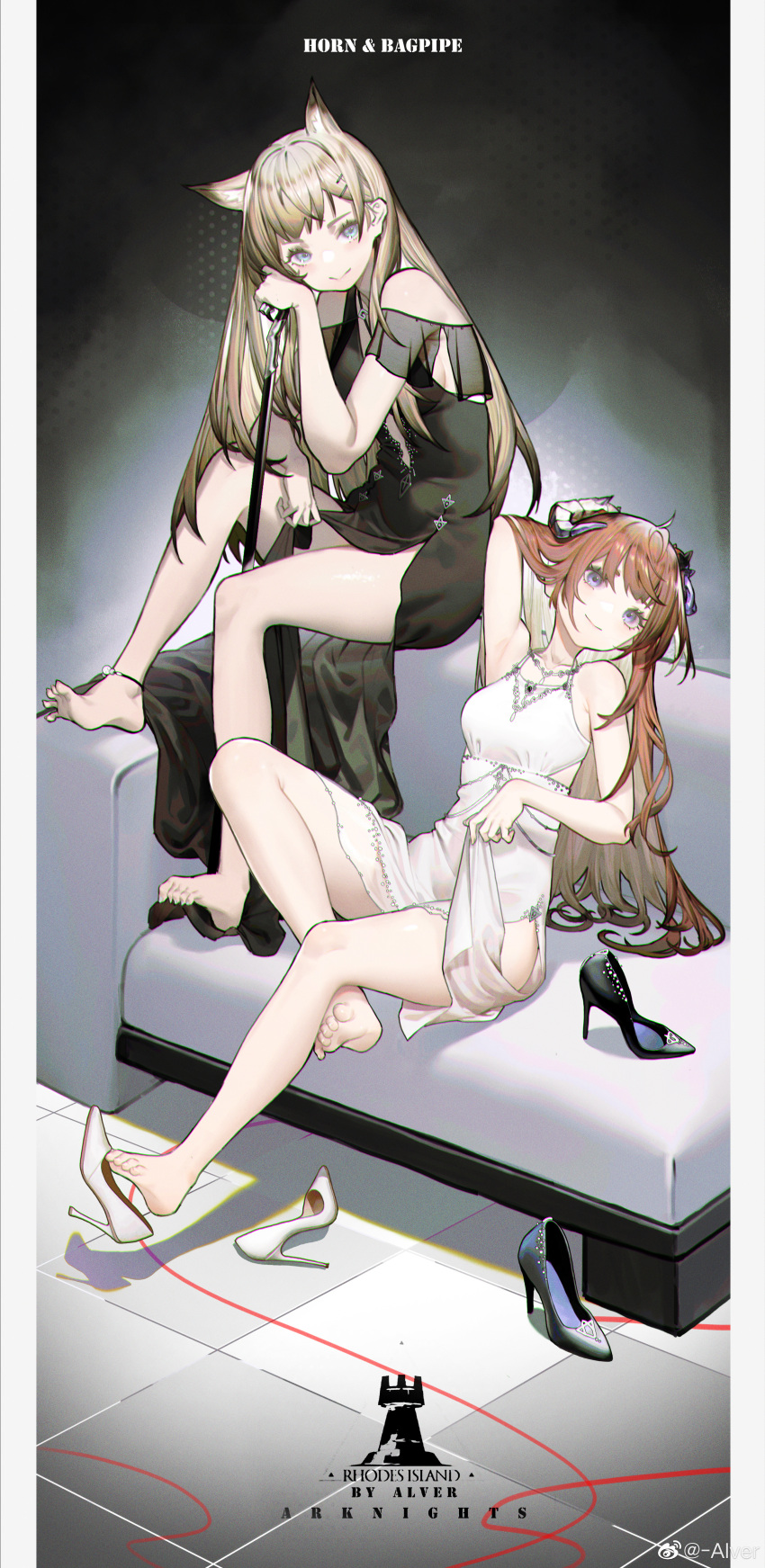 2girls, absurdres, alver, animal_ears, arknights, arm_up, armpits, artist_name