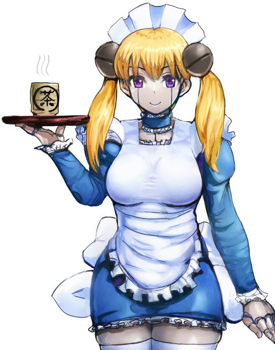 1girl, android, apron, blonde_hair, bow, breasts, byte_(grunty-hag1), closed_mouth