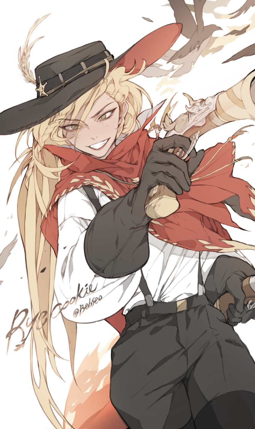 1girl, bandana, bangs, bebseo, bird, bird_tail, bird_wings, blonde_hair, braid, brown_eyes, character_name, cookie_run, cowboy_hat, cowboy_western, feather_hair_ornament, feathers, gloves, gun, hair_ornament, handgun, hat, highres, holding, holding_weapon, looking_at_viewer, pistol, ponytail, rye_cookie, tail, tan, weapon, wings