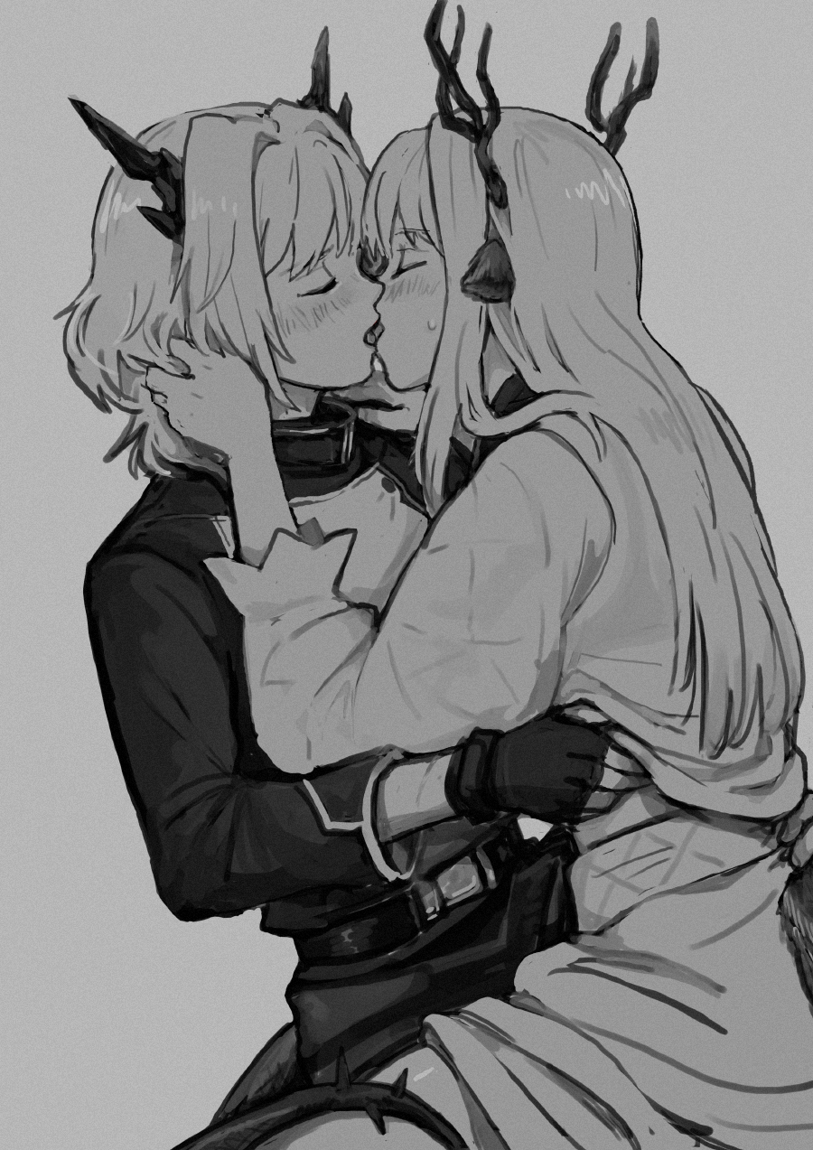 2girls, alina_(arknights), animal_ears, arknights, clothes_lift, deer_antlers, deer_ears, deer_girl