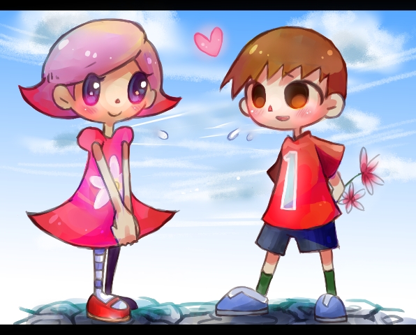 1boy, 1girl, animal_crossing, animal_crossing_wild_world, bouquet, brown_hair, child, clouds