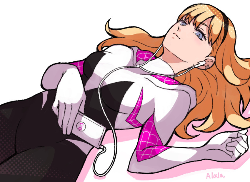 1girl, blonde_hair, blue_eyes, bodysuit, breasts, digital_media_player, earphones, earphones