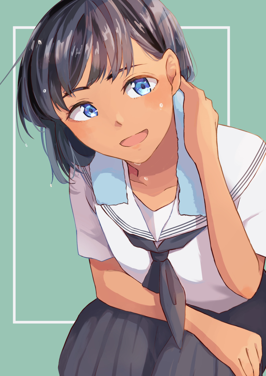 1girl, :o, absurdres, black_hair, black_skirt, blue_eyes, dark-skinned_female, dark_skin, green_background, highres, kobune_mio, looking_at_viewer, otako_(ahw0jwkbzah7gpn), school_uniform, serafuku, shirt, short_hair, simple_background, skirt, solo, summertime_render, sweatdrop, towel, white_shirt