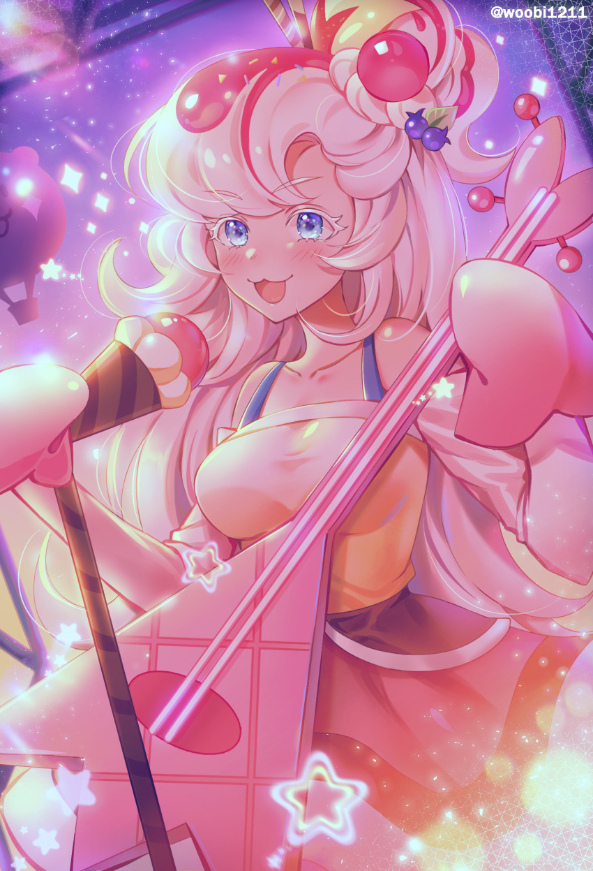 1girl, :d, apple_slice, bangs, blue_eyes, blueberry_hair_ornament, cookie_run, cowboy_shot