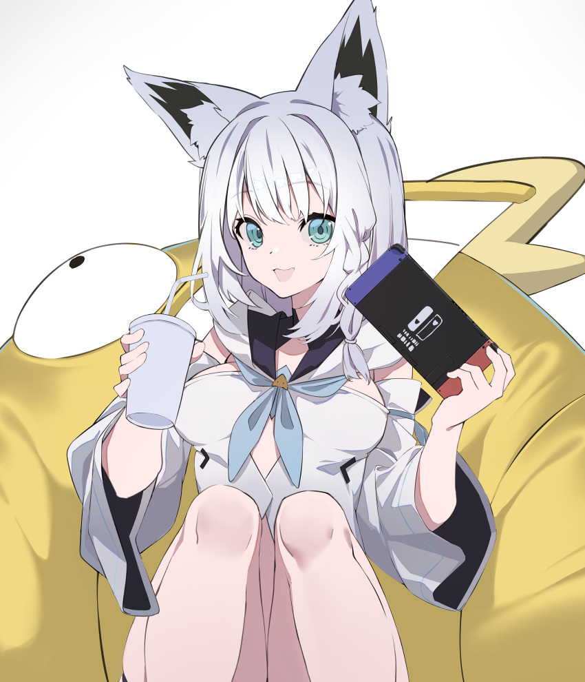 1girl, :d, absurdres, animal_ear_fluff, animal_ears, bangs, bare_legs, blue_eyes
