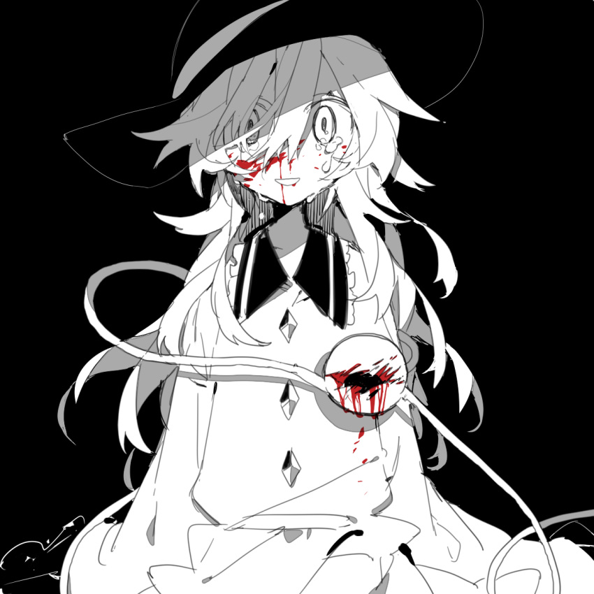 1girl, :d, angst, arms_at_sides, bleeding, blood, blood_from_eyes, blood_on_face