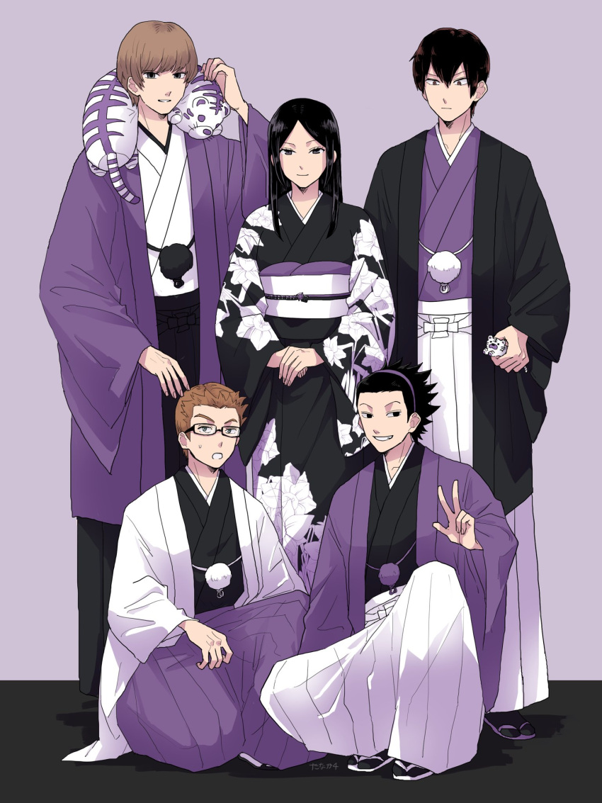 1girl, 4boys, bangs, black_coat, black_hakama, black_kimono, black_legwear, brown_hair
