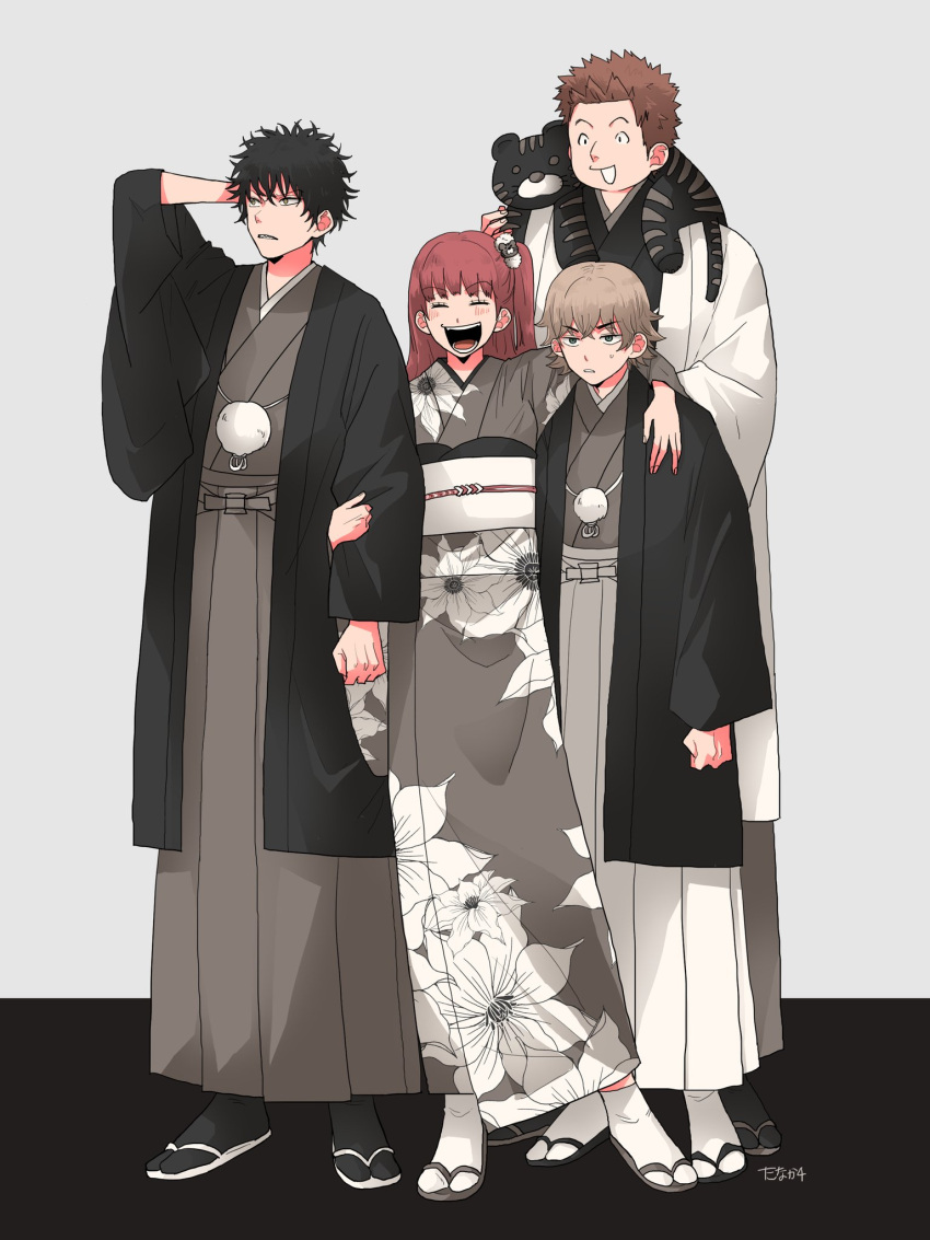 >:(, 1girl, 3boys, :d, ^_^, arm_around_shoulder, arm_behind_head, bangs