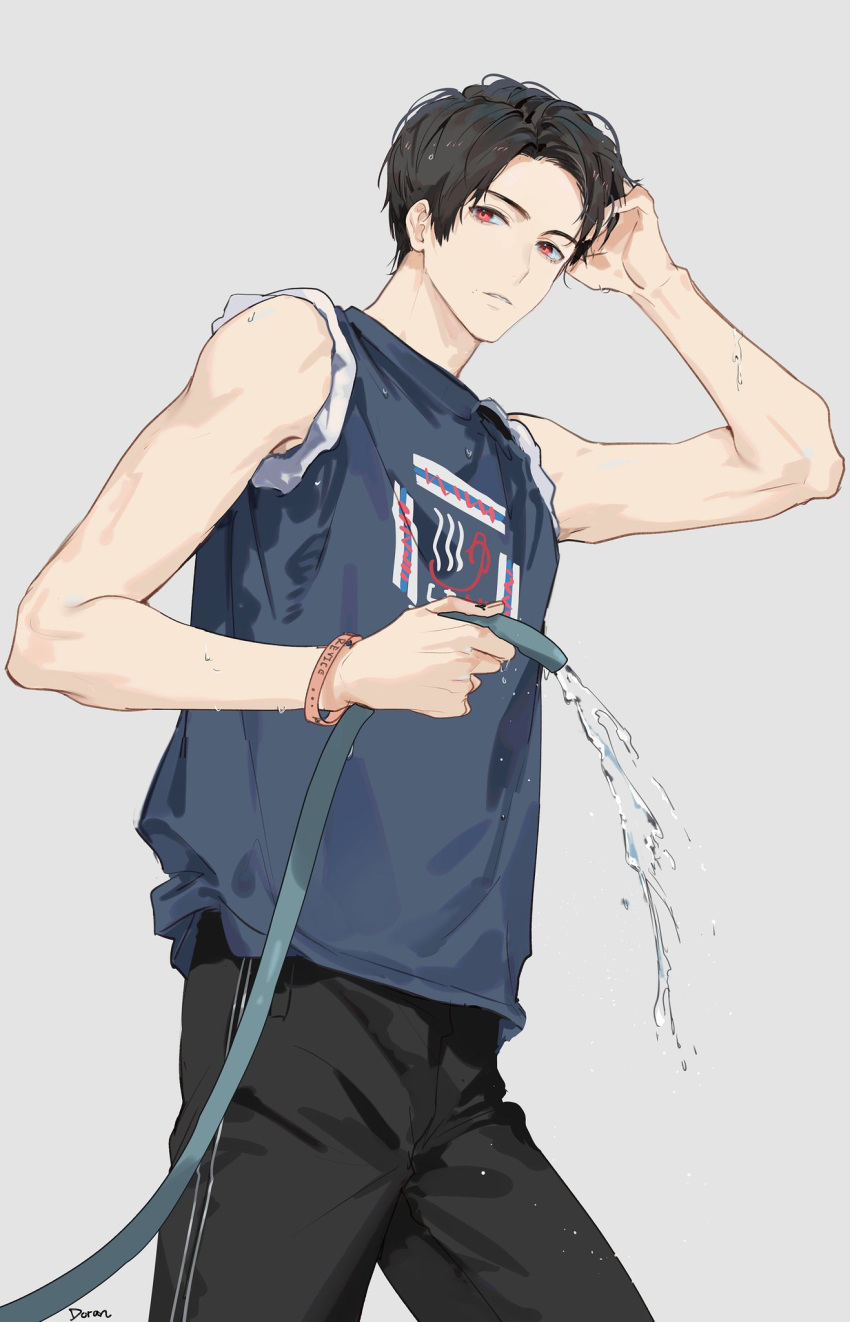 1boy, black_pants, blue_shirt, brown_hair, company_name, doran7280, happy_spa, highres, hose, igarashi_ikki, kamen_rider, kamen_rider_revice, logo, male_focus, pants, pink_eyes, shirt, short_hair, signature, sleeves_rolled_up, t-shirt, water