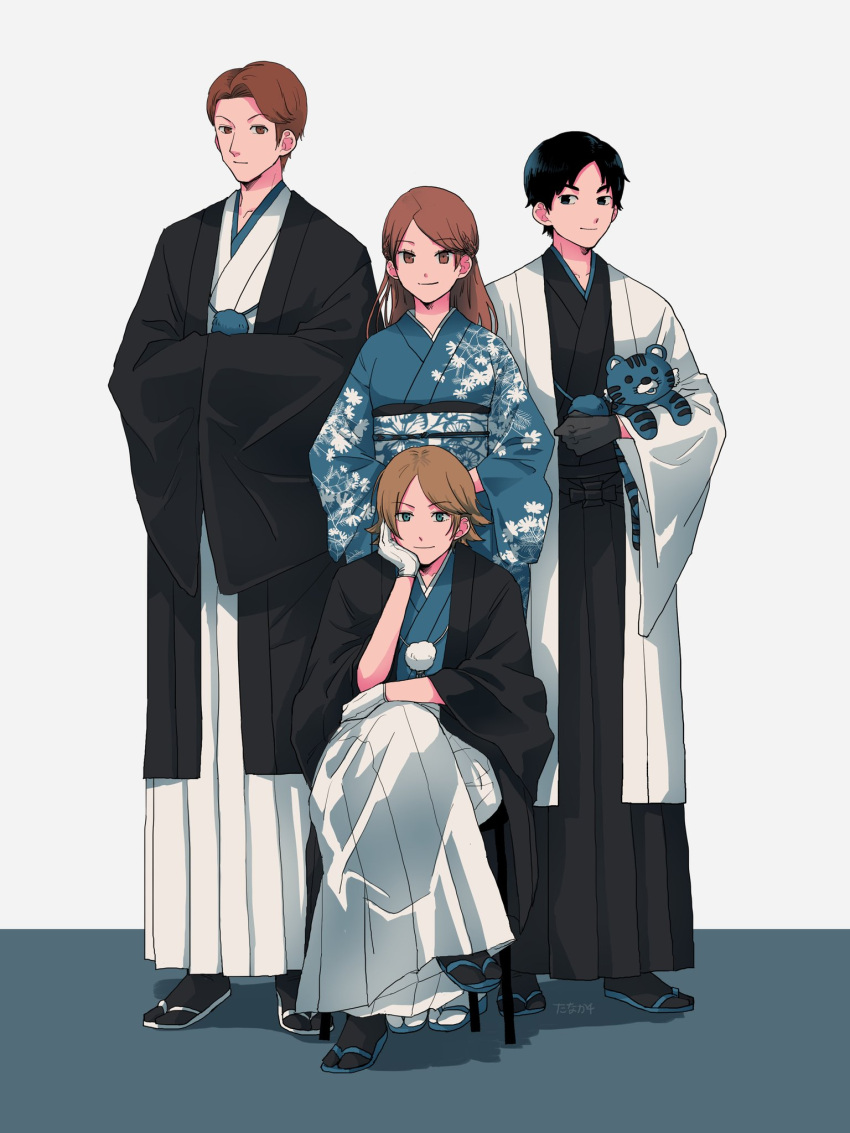 1girl, 3boys, bangs, black_coat, black_gloves, black_hair, black_hakama, black_legwear