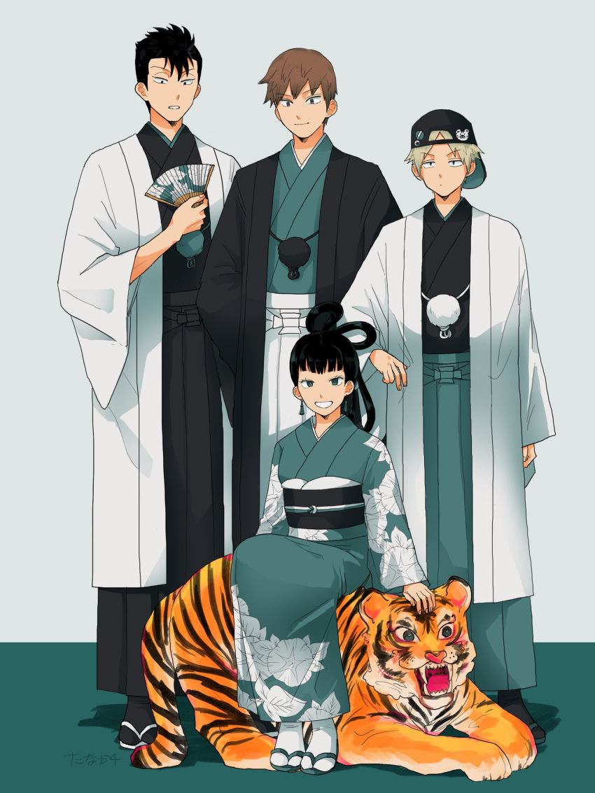 1girl, 3boys, aqua_hakama, aqua_kimono, aqua_theme, arafune_tetsuji, backwards_hat, badge