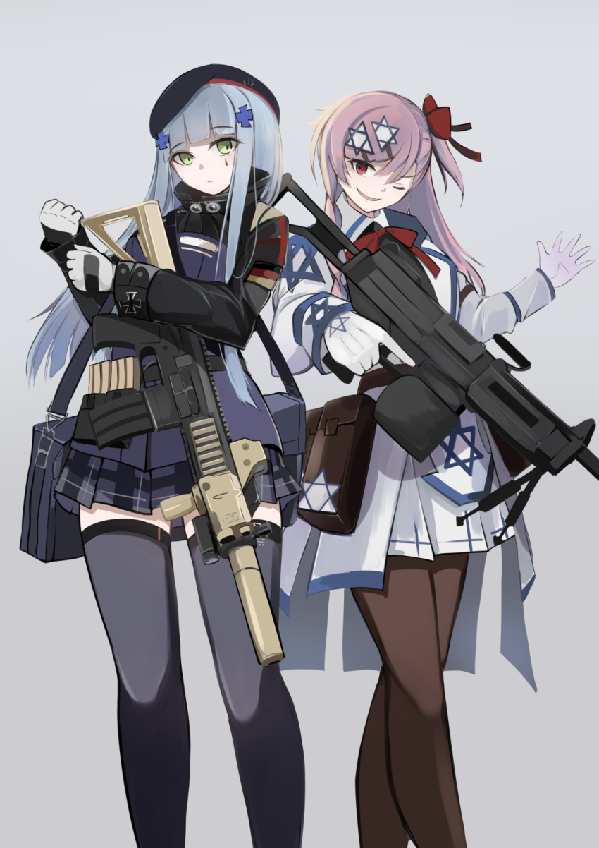 2girls, arm_up, assault_rifle, bag, bangs, beret, black_legwear, bow